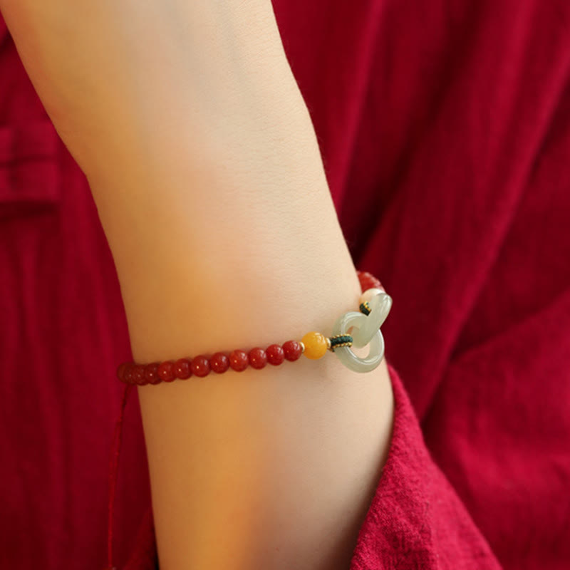Bracelet de confiance à double boucle de paix en agate rouge naturelle et jade Hetian de Buddha Stones