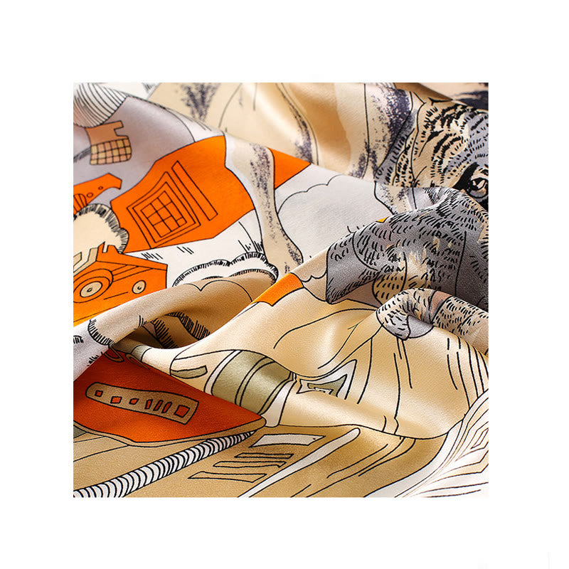 Foulard pour cheveux en soie de mûrier 100 % Buddha Stones et peinture à l'huile sur la ville, scène de neige, château, lotus - image 11