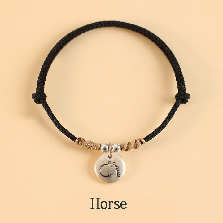 Bracelet tressé en argent sterling 999 fait main avec Buddha Stones Année du Dragon, joli signe du zodiaque chinois - Corde noire - Cheval (tour de poignet 14-17 cm) - image 30