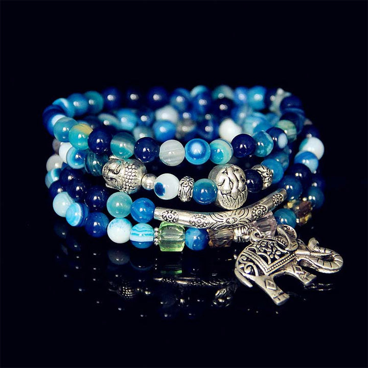 Buddha Stones Bracelet d'espoir en agate naturelle représentant un éléphant et Bouddha - Agate bleue - image 0