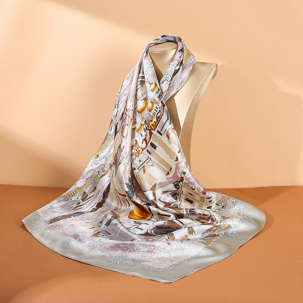 Foulard pour cheveux en soie de mûrier 100 % Buddha Stones et peinture à l'huile sur la ville, scène de neige, château, lotus