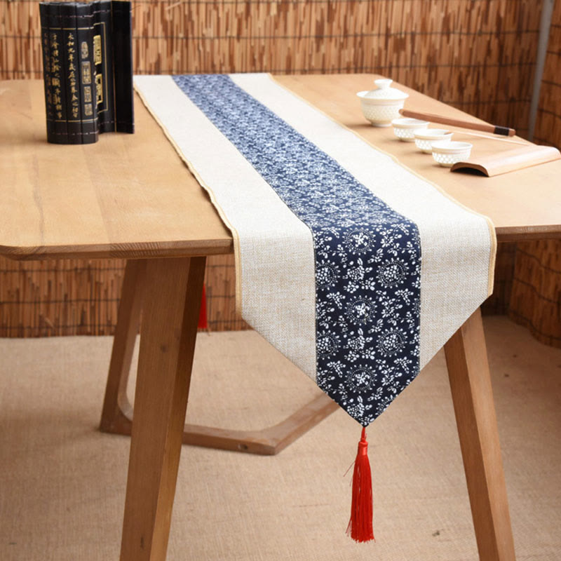 Chemin de table en coton et lin avec pompons, Buddha Stones, style chinois classique, lotus, poisson koï, fleur, grue, calligraphie, illumination