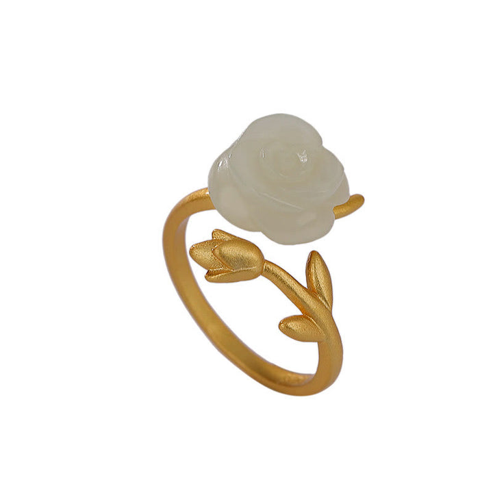 Buddha Stones 925 Argent Sterling Plaqué Or Fleur de Rose Hetian Jade Blanc Bague du Bonheur