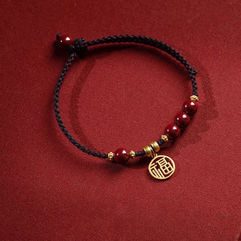 Bracelet tressé avec breloque et bénédiction en perles de cinabre et Buddha Stones