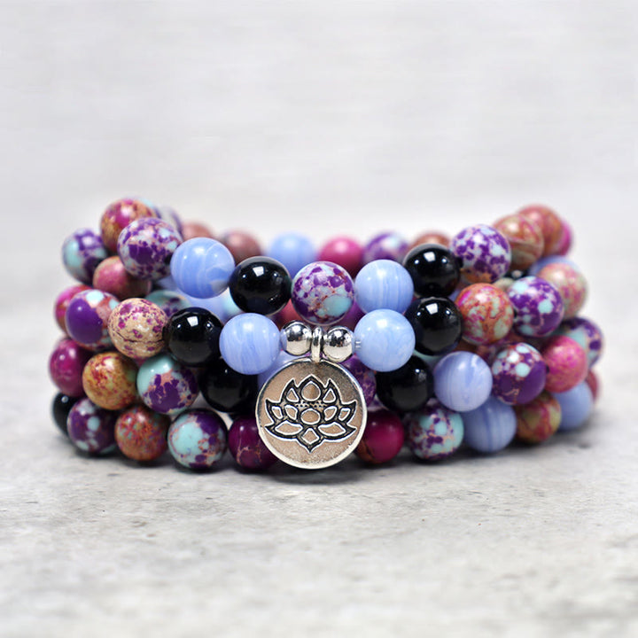 Buddha Stones Miano Naturel Violet Véritable Pierre Lotus Mala