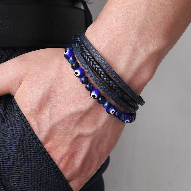 Bracelet tressé multicouches en perles de protection contre le mauvais œil et l'œil de tigre avec Buddha Stones
