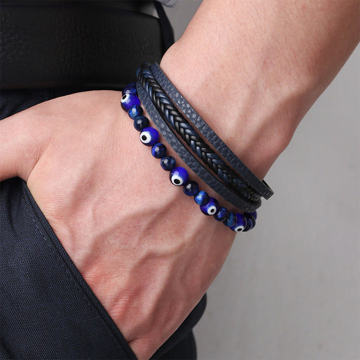 Bracelet tressé multicouches en perles de protection contre le mauvais œil et l'œil de tigre avec Buddha Stones