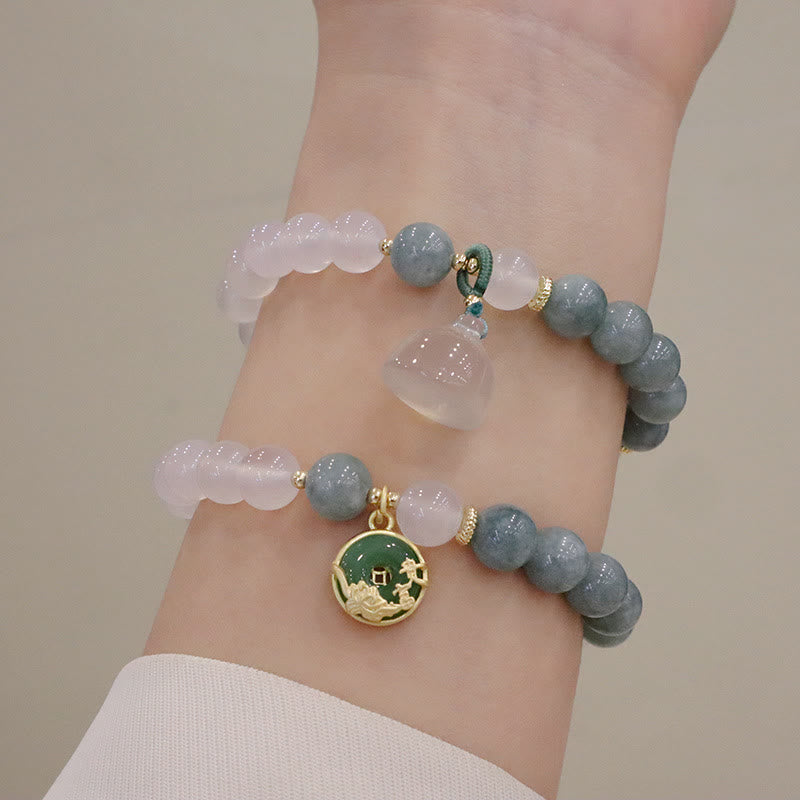 Bracelet de protection avec boucle de paix en Buddha Stones et jade blanc et fleur de lotus