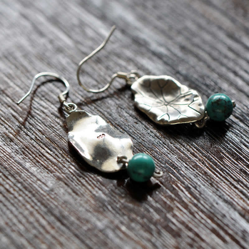 Buddha Stones Boucles d'oreilles pendantes en argent Sterling 925 Turquoise Feuille de Lotus Protection