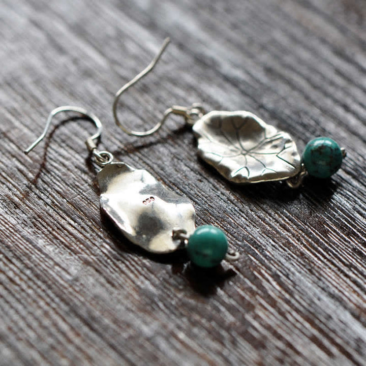 Buddha Stones Boucles d'oreilles pendantes en argent Sterling 925 Turquoise Feuille de Lotus Protection