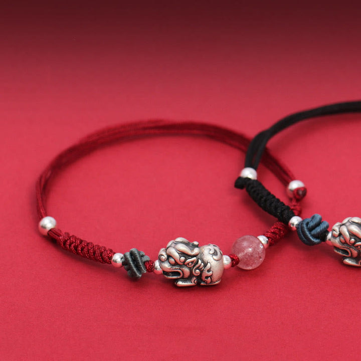 Bracelet tressé en argent sterling 999 avec perles de quartz fraise PiXiu de Buddha Stones pour la richesse et la chance