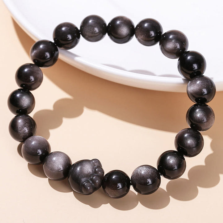 Bracelet de richesse en Buddha Stones naturelle et brillante en obsidienne argentée avec griffes de chat mignon - image 9
