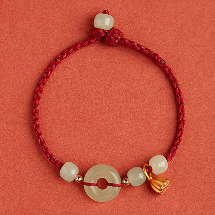 Bracelet en corde avec boucle ronde en Buddha Stones et lotus de jade pour la paix, le bonheur, l'abondance et la richesse
