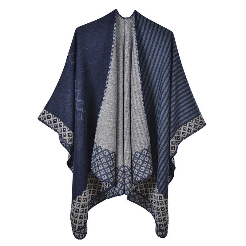 Châle tibétain à rayures et motifs de diamants avec Buddha Stones , écharpe douce et chaude pour l'hiver - Bleu marine gris - image 23