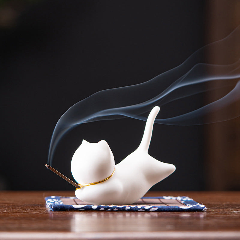 Brûleur d'encens en céramique avec joli chat panda et bénédiction - Porte-encens chat blanc - image 2
