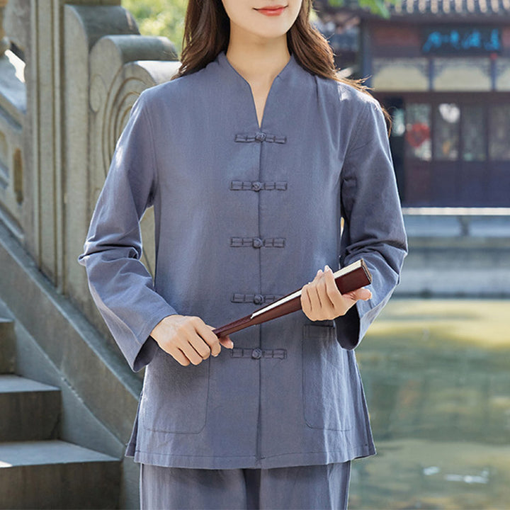 Buddha Stones Spirituelle Zen Pratique Yoga Méditation Prière Uniforme Coton Lin Vêtements Ensemble Femme - Bleu - US18，UK/AU22，EU50 (6XL) - image 8