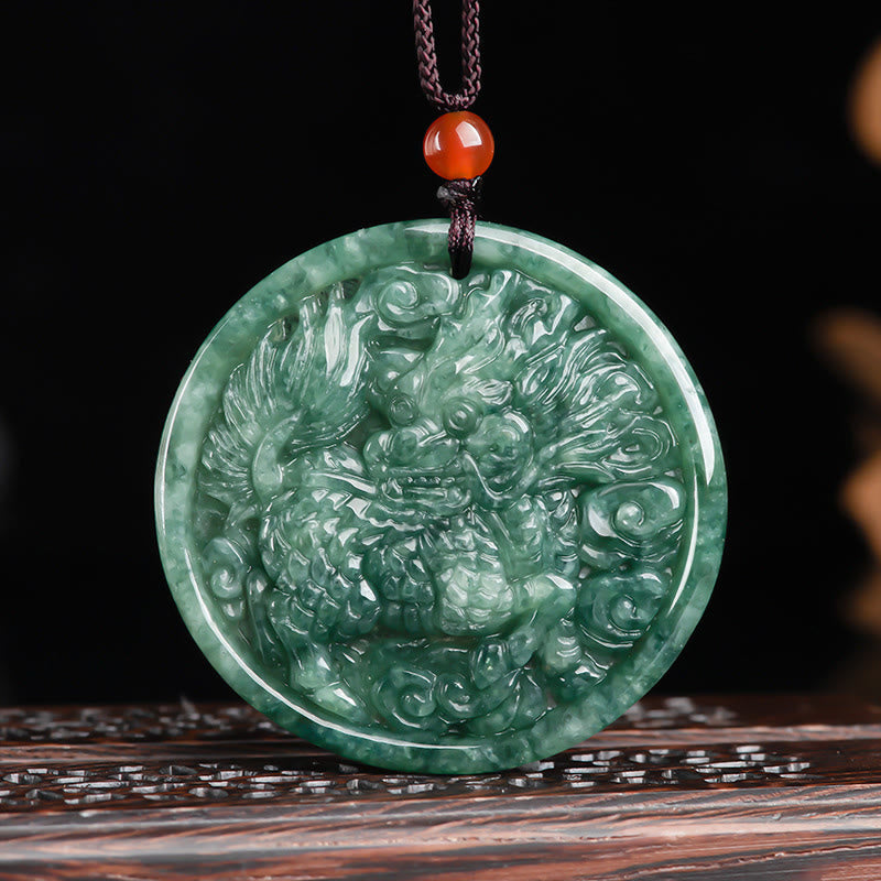 Collier pendentif en jade naturel Kirin Abondance avec Buddha Stones