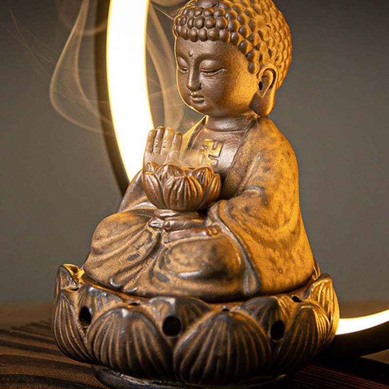Buddha Stones Bouddha Lotus Fontaine à fumée à refoulement Brûleur d'encens de bénédiction en céramique avec décoration lumineuse