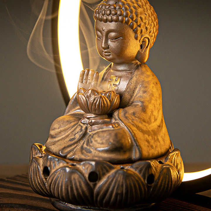 Buddha Stones Bouddha Lotus Fontaine à fumée à refoulement Brûleur d'encens de bénédiction en céramique avec décoration lumineuse