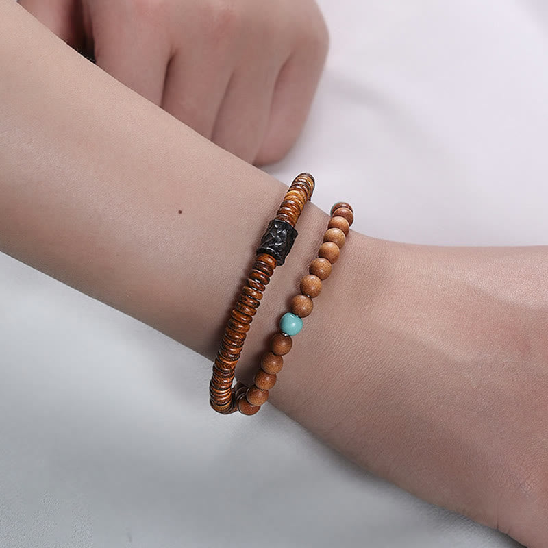 Bracelet double tour en bois de santal et turquoise, petites feuilles, Buddha Stones