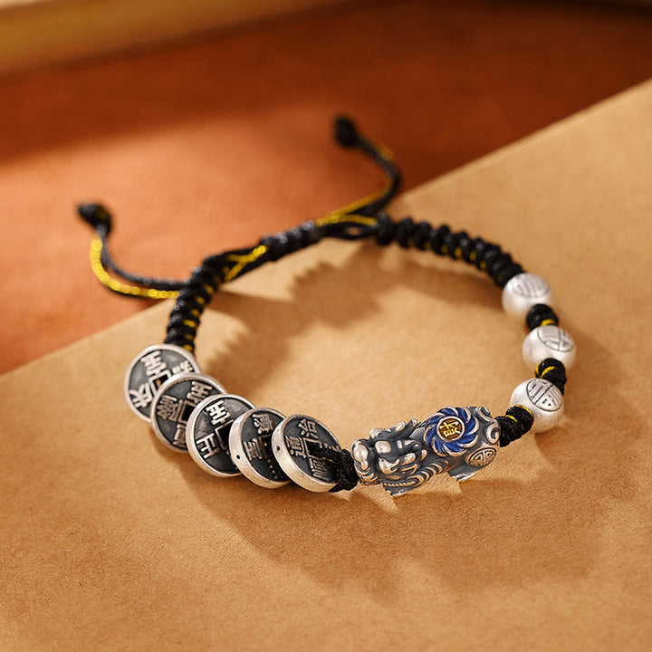 Bracelet tressé en argent sterling 999 Buddha Stones FengShui PiXiu et pièce de cuivre Fu Character Wealth