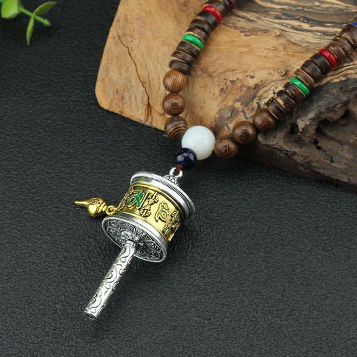 Collier pendentif en bois Vajra Buddha Stones tibétaines Om Mani Padme Hum et rotation de la roue de prière - image 5