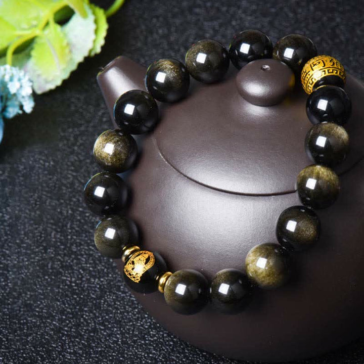 Bracelet de protection de richesse en obsidienne dorée avec Bouddha du zodiaque chinois