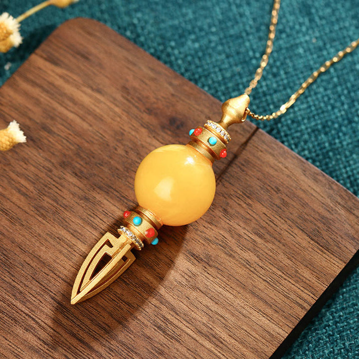 Collier pendentif anxiété clair Dorje Vajra en ambre plaqué or 24 carats