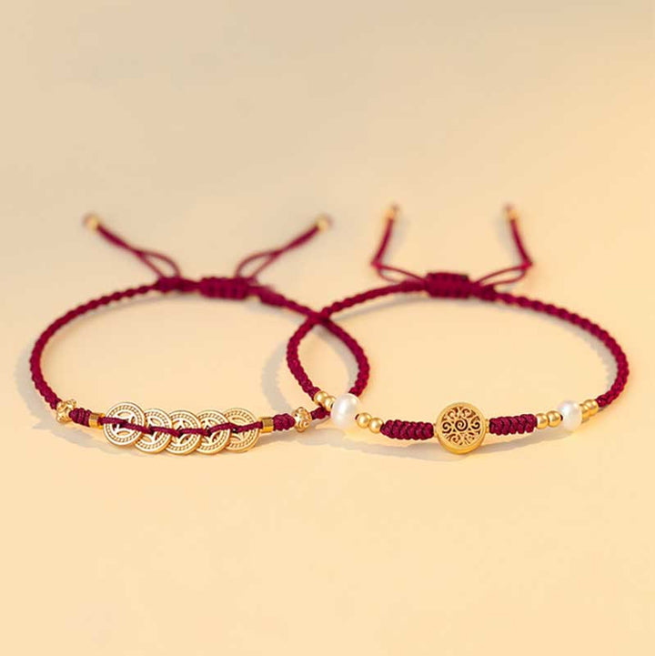 Bracelet tressé en cuivre avec Buddha Stones et pièce de monnaie, arbre de la fortune, chance et force