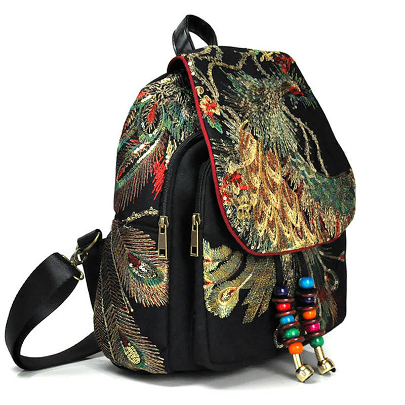 Sac à dos à pompons en toile avec broderies de paon et Buddha Stones