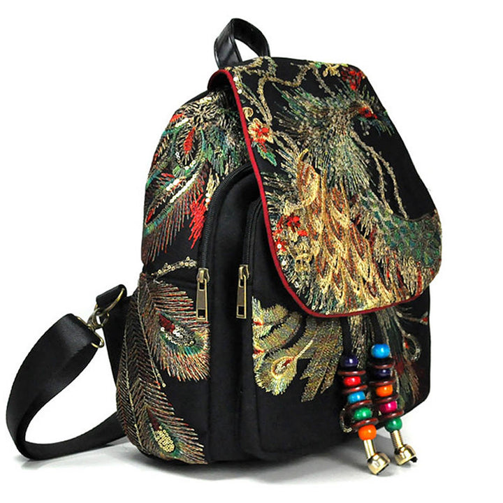 Sac à dos à pompons en toile avec broderies de paon et Buddha Stones