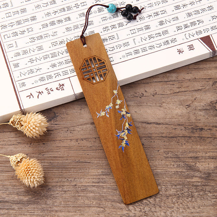 Lot de 4 marque-pages en bois avec Buddha Stones , orchidée, prunier, bambou, chrysanthème, masque d'opéra de Pékin, avec boîte cadeau