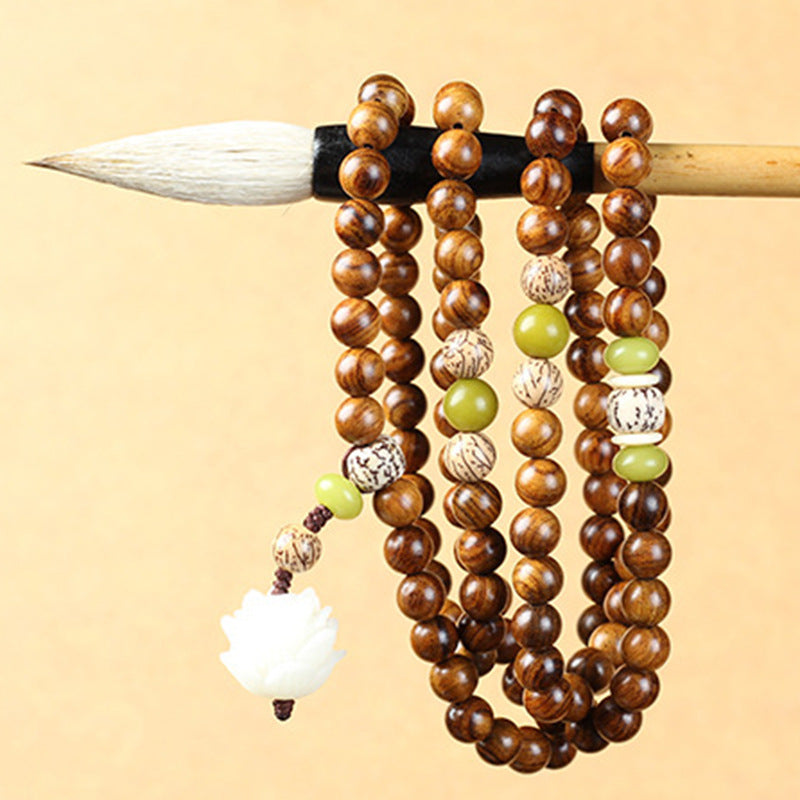 Collier et bracelet de protection en bois de rose tibétain avec Buddha Stones et lotus