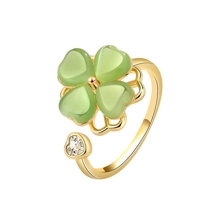 Bague rotative en zircon avec trèfle à quatre feuilles et œil de chat en Buddha Stones