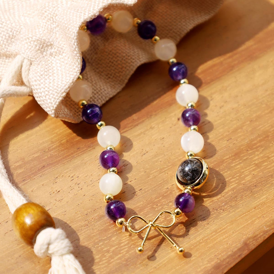 Bracelet de perles spirituelles en quartz rutile noir et améthyste œil de chat - image 3