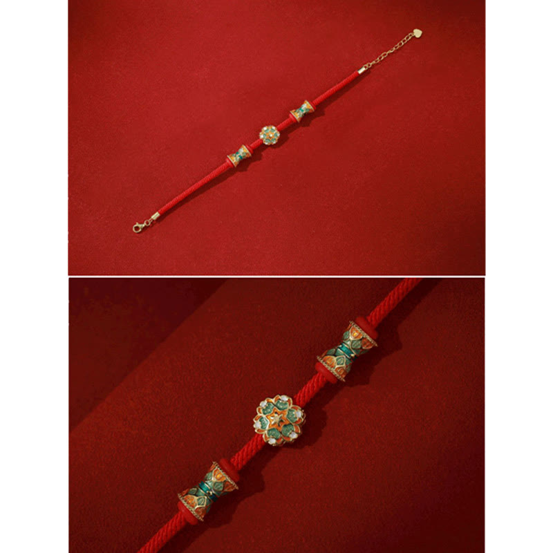 Bracelet en corde rouge en argent sterling 925 avec motif tambour de lotus de Buddha Stones Dunhuang