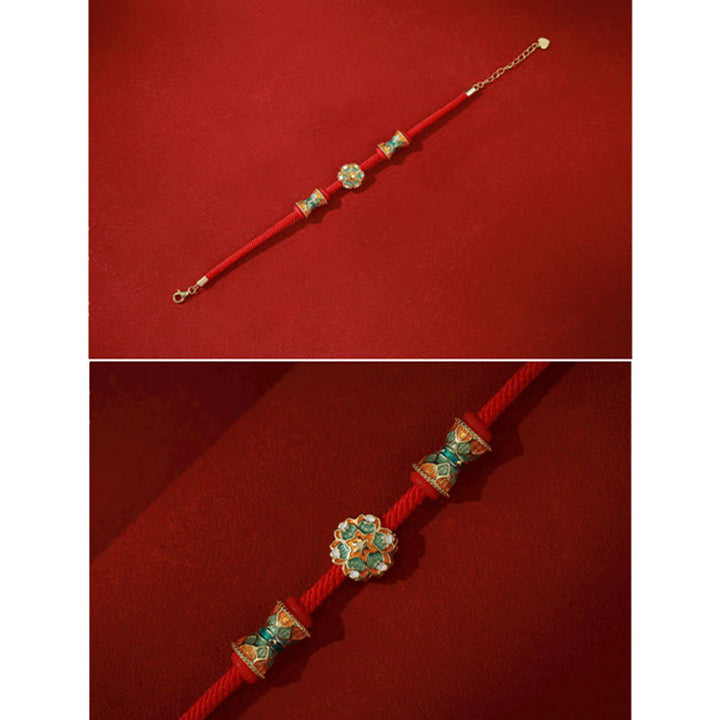 Bracelet en corde rouge en argent sterling 925 avec motif tambour de lotus de Buddha Stones Dunhuang