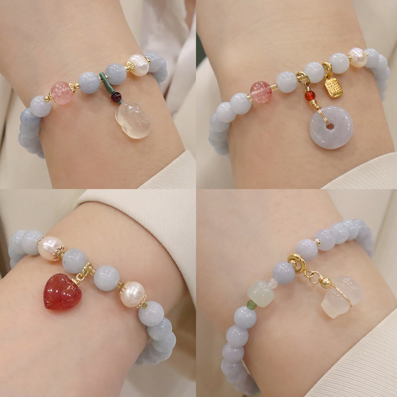 Bracelet à breloques en forme de lapin, de courge et de chat en Buddha Stones -marine naturelle, calcédoine, sérénité - image 1