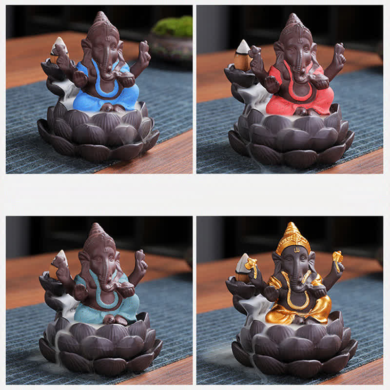 Brûleur d'encens à reflux en argile violette avec protection contre la fumée de l'éléphant Ganesh