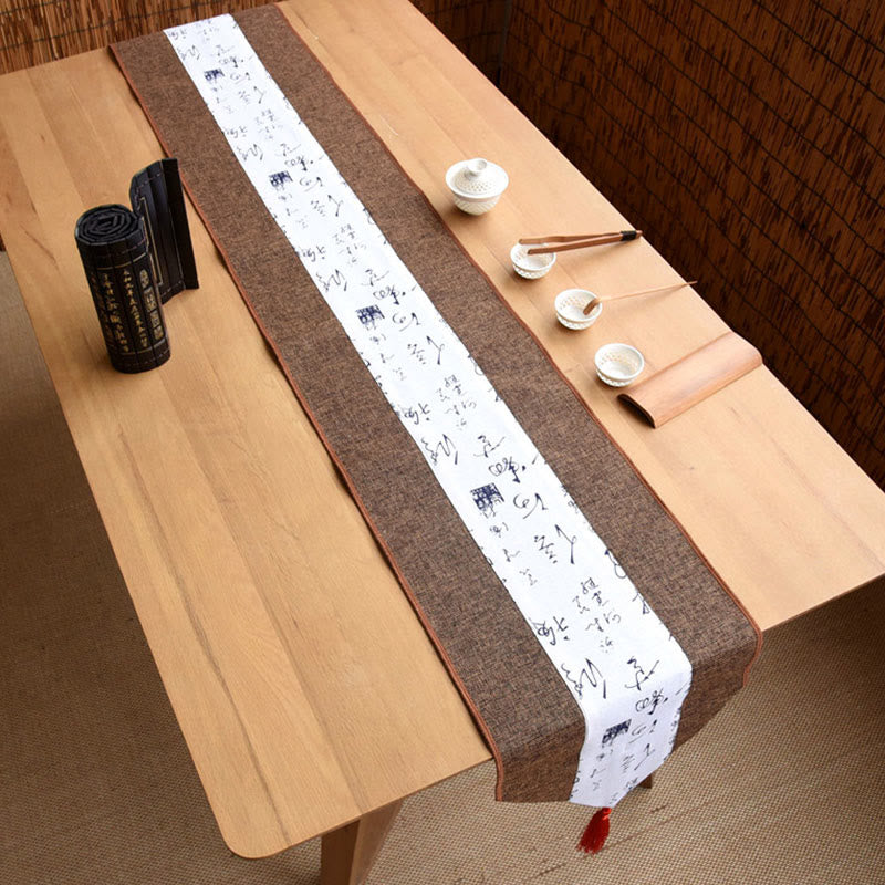 Chemin de table en coton et lin avec pompons, Buddha Stones, style chinois classique, lotus, poisson koï, fleur, grue, calligraphie, illumination - image 38