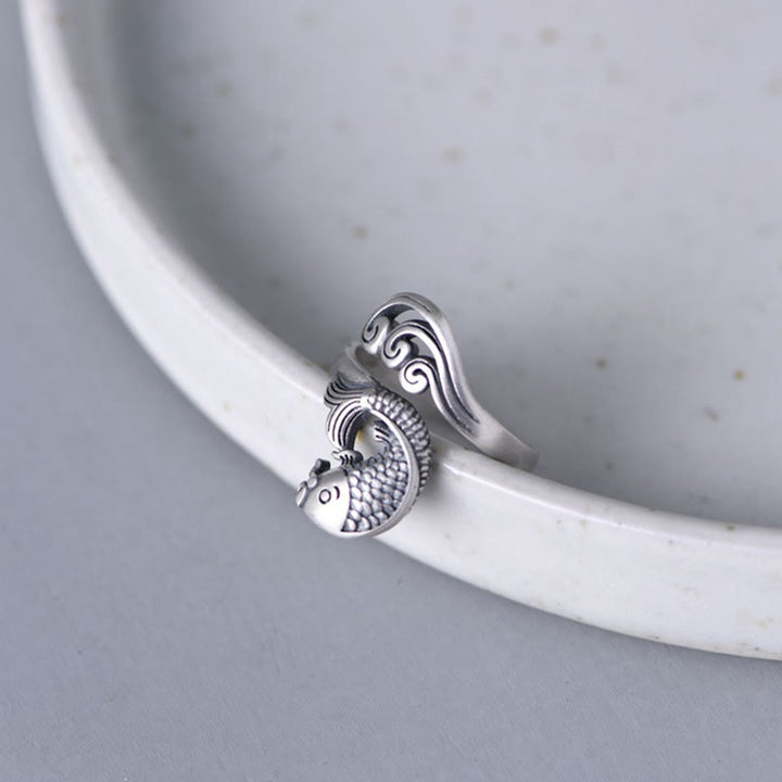 Bague en argent sterling 925 Buddha Stones et poisson koï