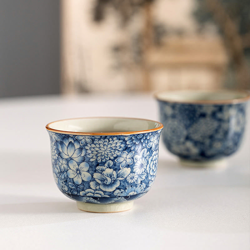 Buddha Stones Vintage Lotus Pivoine Fleur de Prunier Chrysanthème Tasse à Thé en Céramique Tasses à Thé