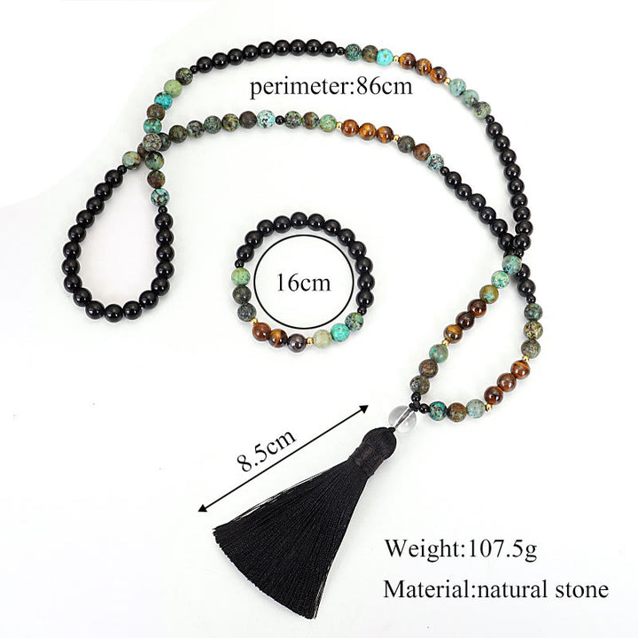 Collier Bracelet Mala 108 Perles Pierre Naturelle Oeil de Tigre Turquoise Protection Force Buddha Stones