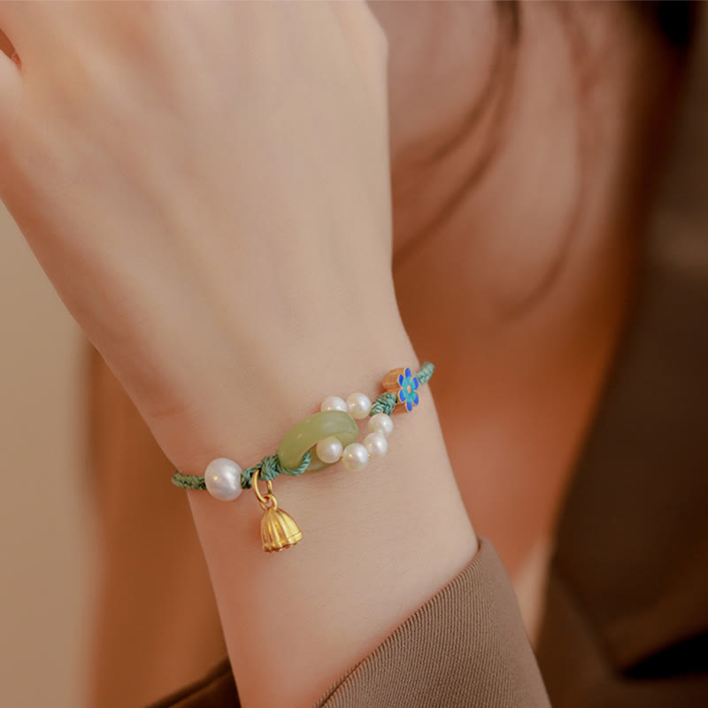 Bracelet tressé artisanal en Buddha Stones Hetian naturel avec boucle de paix et perles de chance