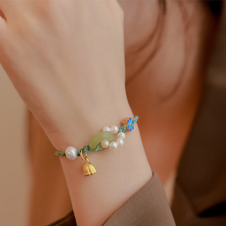 Bracelet tressé artisanal en Buddha Stones Hetian naturel avec boucle de paix et perles de chance