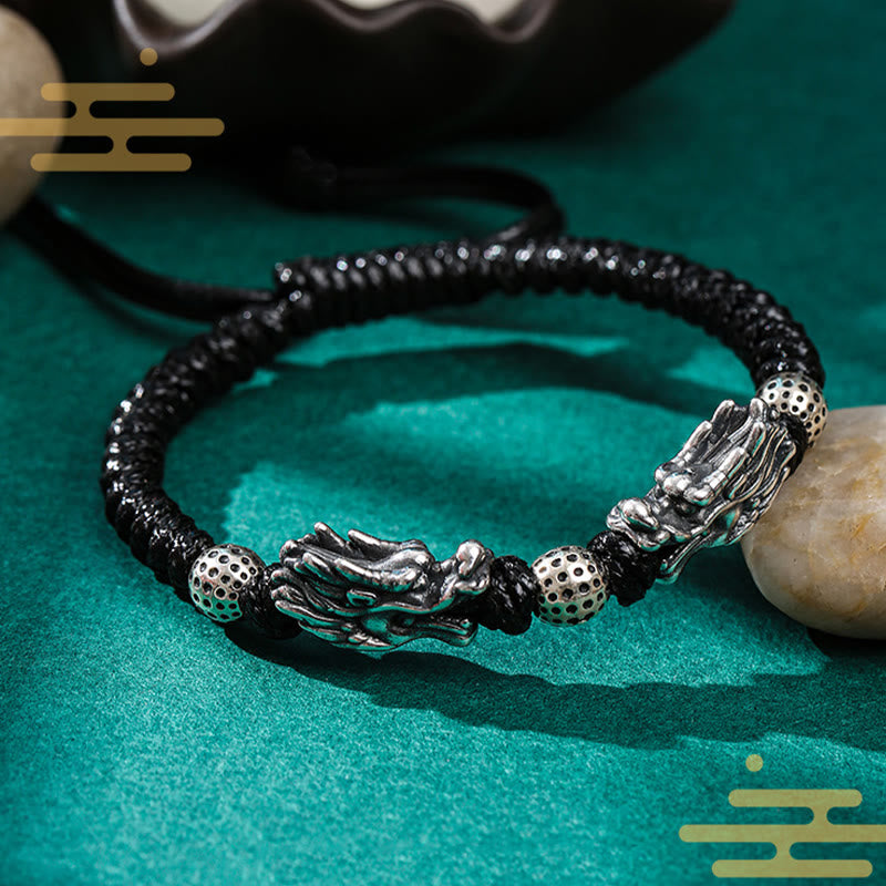 Bracelet tressé fait main en argent sterling 999 avec double dragon porte-bonheur de Buddha Stones