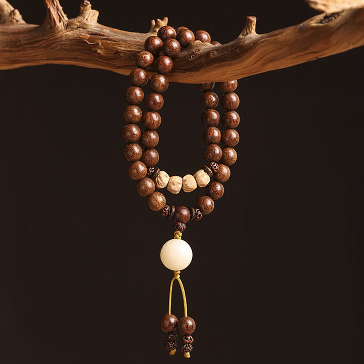 Bracelet double tour de purification en bois de santal et petites feuilles de bois de santal rouge et pierres de Buddha Stones