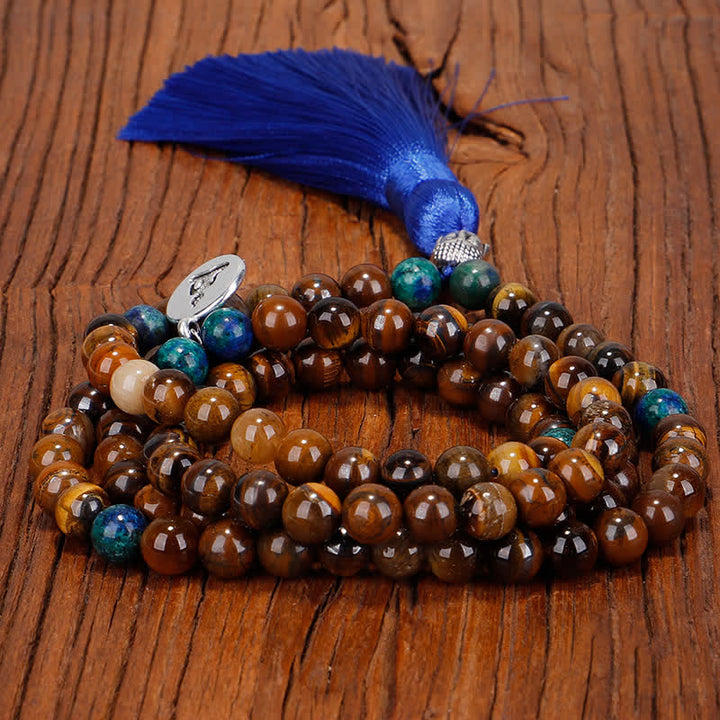 Bracelet Mala 108 Buddha Stones avec œil de tigre et pendentif en forme de pompon