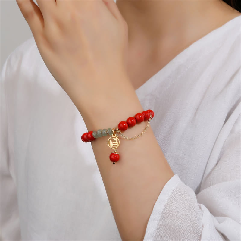 Bracelet de jade apaisant de caractère Fu de bon augure avec Buddha Stones en cinabre